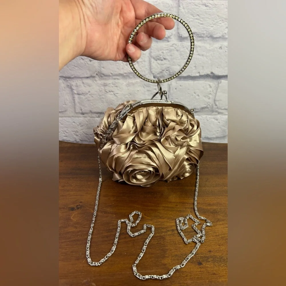 Elegant Satin Rose Clutch with Rhinestone Handle